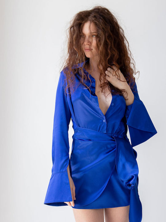 Mini Evening Shirt Dress with Lace Blue