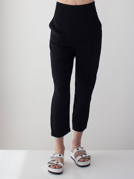 Damen Hoch tailliert Stoff Hose mit Gummizug in Lockere Passform Black