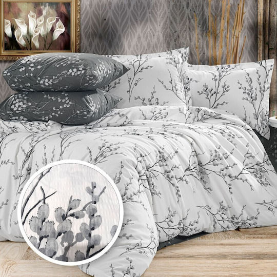 Pucioasa Duvet Cover Set Cotton Semi-double with Pillowcase & 1 Sheet 180x220 Gray Twig And Bud