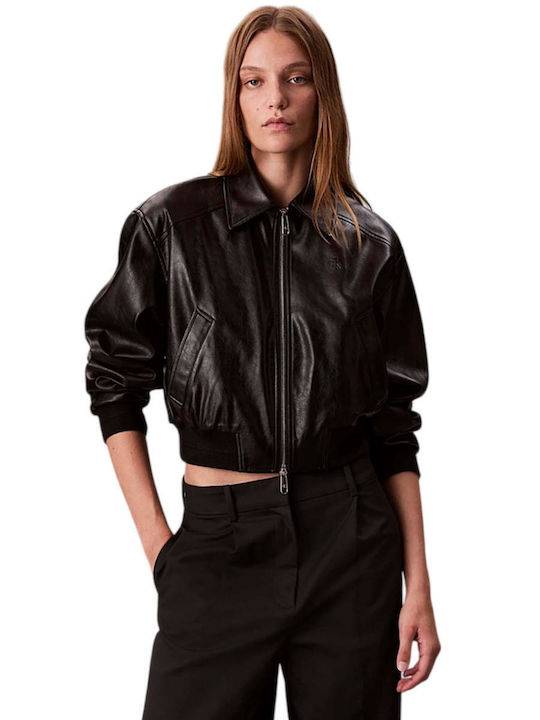 Calvin Klein Women's Crop Bomber Artificial Leather Jacket for
