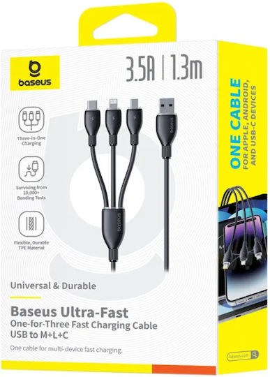 Baseus Fast USB to micro USB / Lightning / Type-C 1.3m 3.5A Cable (P10376303121-00)