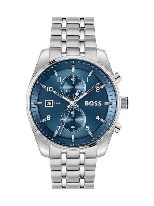 Boss Skytraveller Ανδρικό Ρολόι 44mm Χρονογράφος Μπαταρίας με Ασημί Μεταλλικό Μπρασελέ