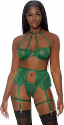 In Full Bloom Sexy Bodysuit with Lace and Garters Green