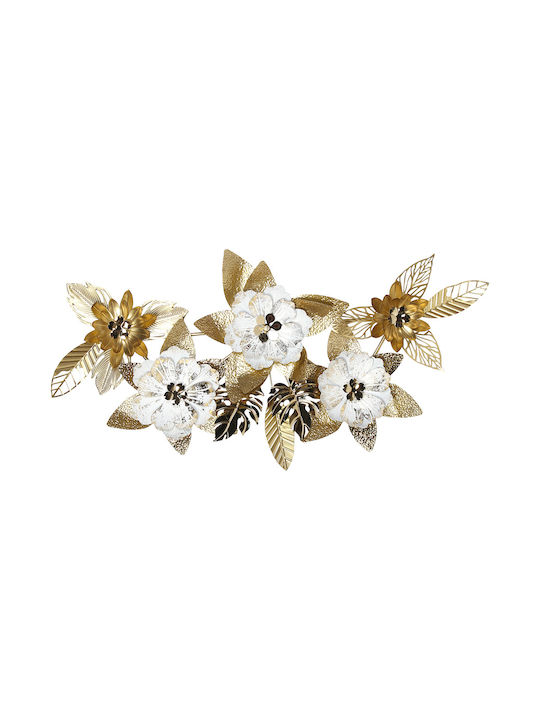 Metallic Wall Painting 131x63 White Gold Flowers Leaves Keskor 46004