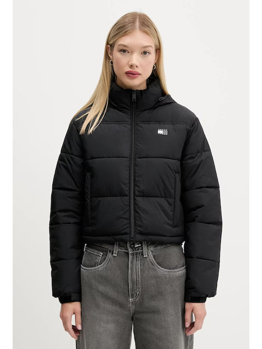 Crop Γυναικείο Puffer Μπουφάν Αδιάβροχο για Χειμώνα Μαύρο