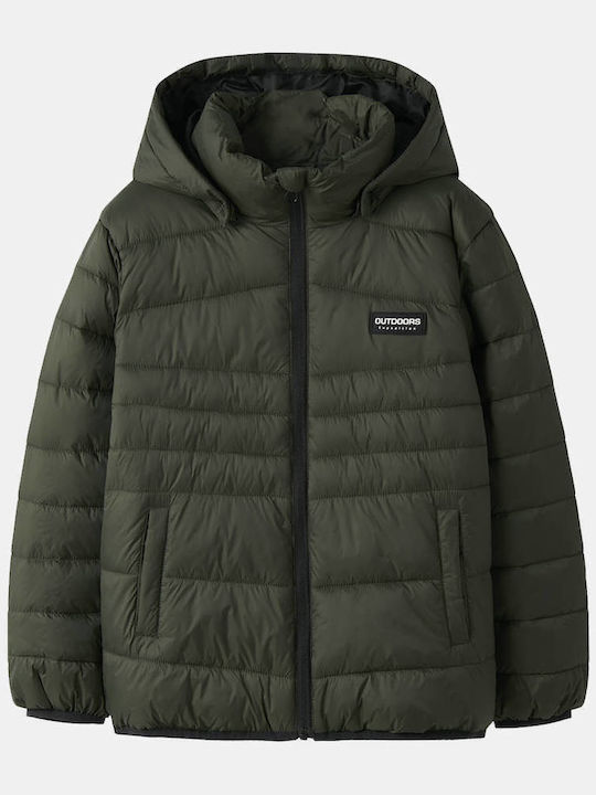 Daunen Kinderjacke Lang mit Kapuze Dunkelgrün