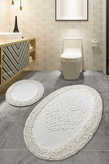 UnicUtil Non-Slip Bath Mats Set Cotton Oval 359CHL1651 Ecru, Multicolor 2pcs