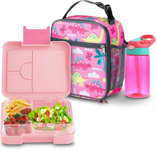 Lunchbox Πλαστικό Παιδικό Σετ Φαγητού Δεινόσαυροι Ισοθερμικό Ροζ