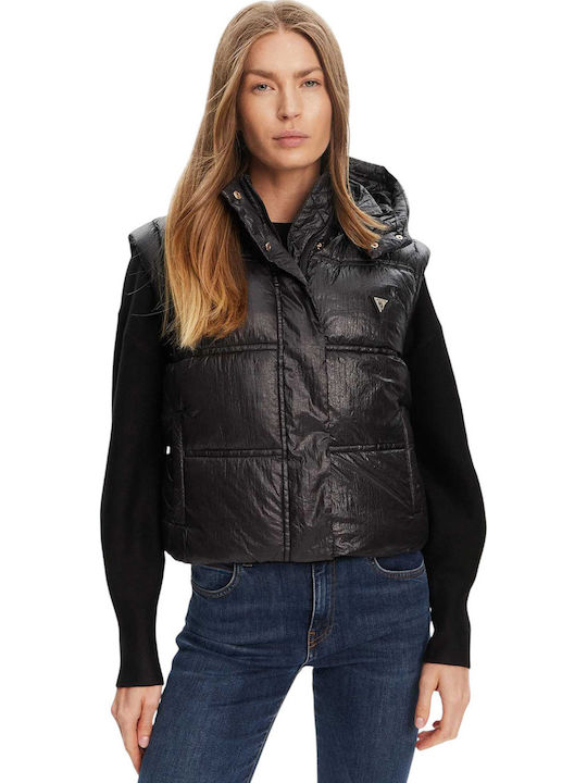 Crop Γυναικείο Αμάνικο Puffer Μπουφάν για Χειμώνα Black