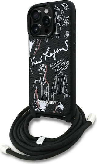 Karl Lagerfeld Grained Pattern Umschlag Rückseite Leder / Kunststoff / Silikon mit Band Schwarz (iPhone 17 Pro / iPhone 16 Pro)