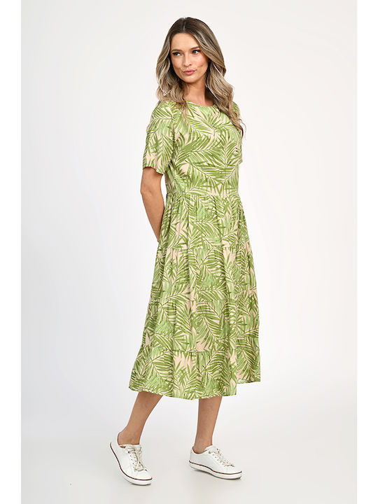 Summer Midi Dress Wrap with Ruffles Leafy Green