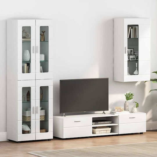 Hängende Wohnzimmer-Vitrine aus Spanplatte in Glänzendem Weiß mit Glas 55x29x100 cm