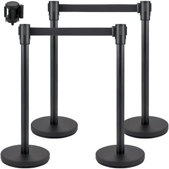 Set 4 Bariere Cu Corzi Cu Bandă Retractabilă În 4 Direcții Oțel Inoxidabil Oțel Negru Înălțime 90 Cm Bandă Rezistentă Lungime 2 M