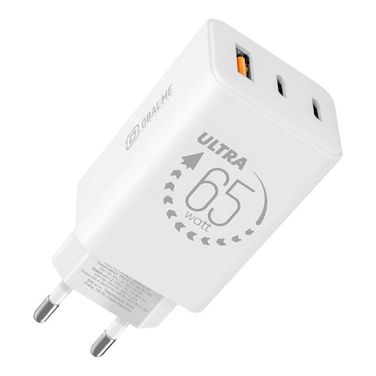 Obal:Me Зарядно без кабел GaN с USB-A порт и 2 USB-C порта 65W Power Delivery Бял (OM65W2CA)