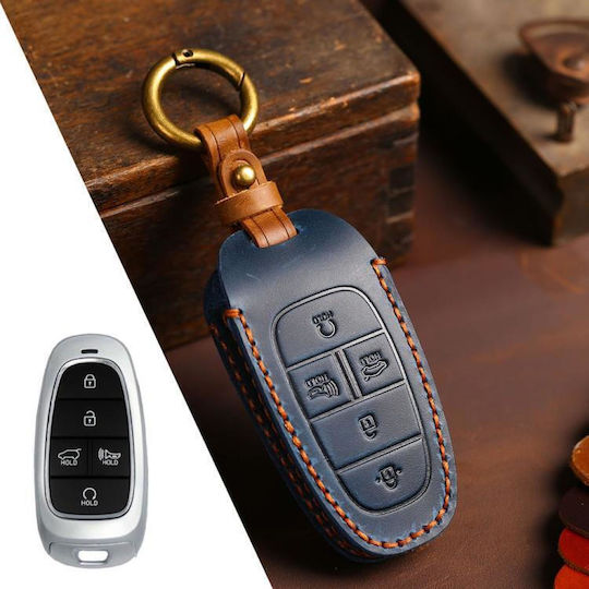 Hyundai Staria Sonata Husă Cheie Auto din Piele Crazy Horse cu 5 Butoane B123 Albastră
