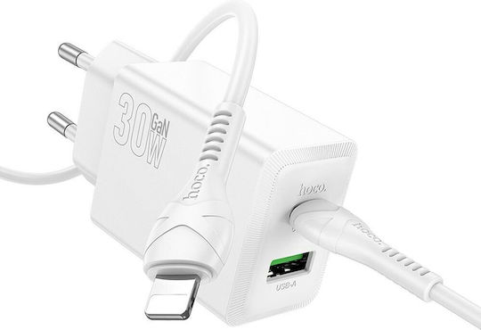Hoco Φορτιστής GaN με Θύρα USB-A και Θύρα USB-C και Καλώδιο USB-C - USB-C 30W Power Delivery Λευκός (N71 Nuevo)