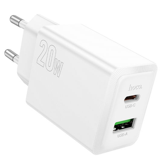 Hoco Charger Without Cable with USB-A Port and USB-C Port 20W Power Delivery Whites (N69 Nuevo)