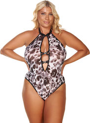 Κορμάκι Plus Size Animal Print Άνοιγμα Κορδόνια Λεοπαρ