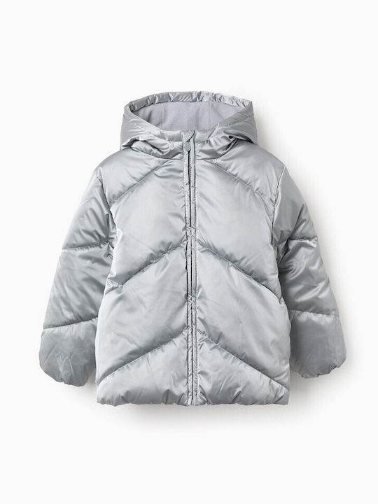 Kids Quilted Short Coat with Lining and Hood Silver
