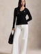 Damen Langarm Pullover Baumwolle mit V-Ausschnitt Schwarz