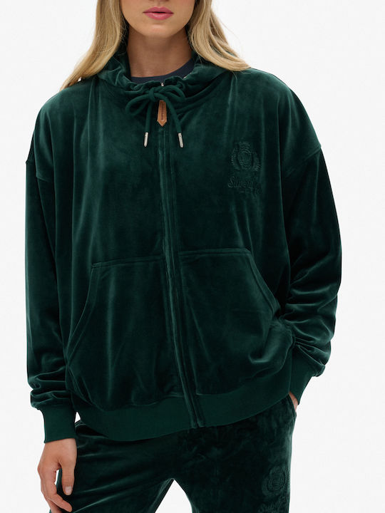Country Club Long Women's Sweatshirt Jacket Velvet Hooded Enamel Green