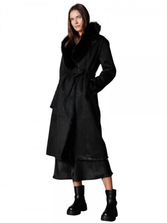 Biston Damen Black Mantel mit Fellbesatz