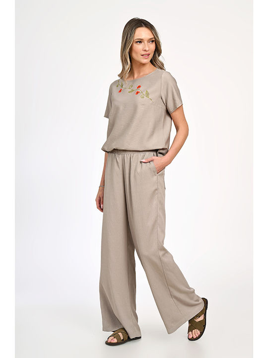 Eranthe Γυναικείο Μπεζ Σετ με Παντελόνι Relaxed Fit Floral