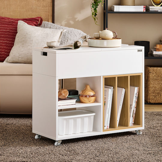 Rectangular Side Table Wooden with Wheels White L70xW30xH61cm.