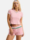 Damen Polo Bluse Kurzarm Gestreift Rosa