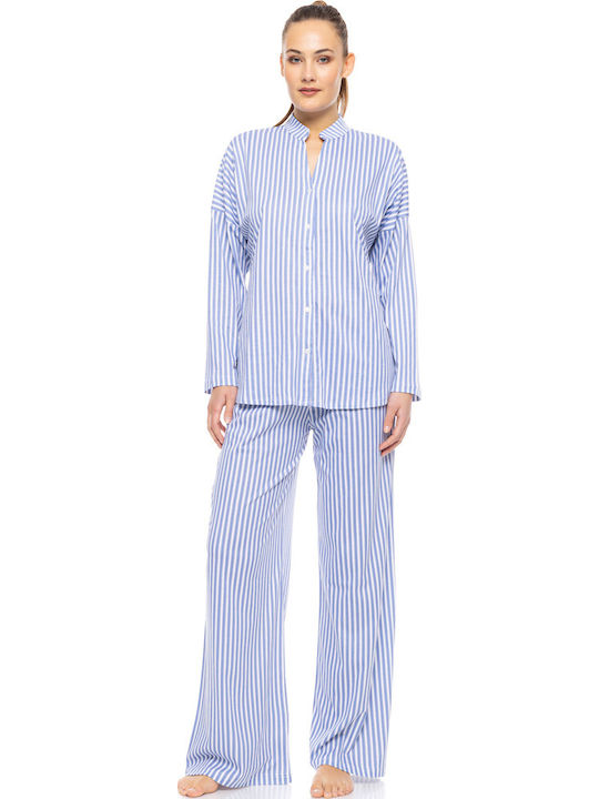 Pink Label Winter Damen Schlafanzug & Pyjamas Baumwollene Hellblaue