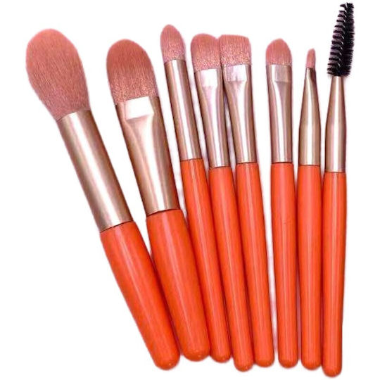 Flippy Mini Portable Set 8 Makeup Brushes Super Soft Professional Beginner Makeup Ergonomic Handle Storage Pouch Included Orange