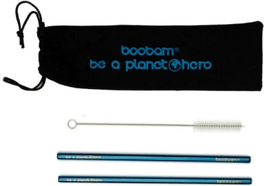 Boobam Straw Metal Wide Titanium Blue Μεταλλικά Καλαμάκια 2 Τεμάχια