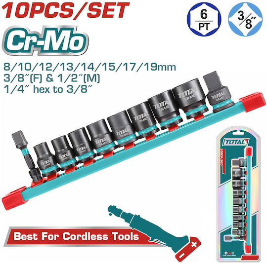Total Nüsse Pneumatisch Sechskant mit Vierkant-Antrieb 3/8", 1/2", 1/4" Set 10Stück