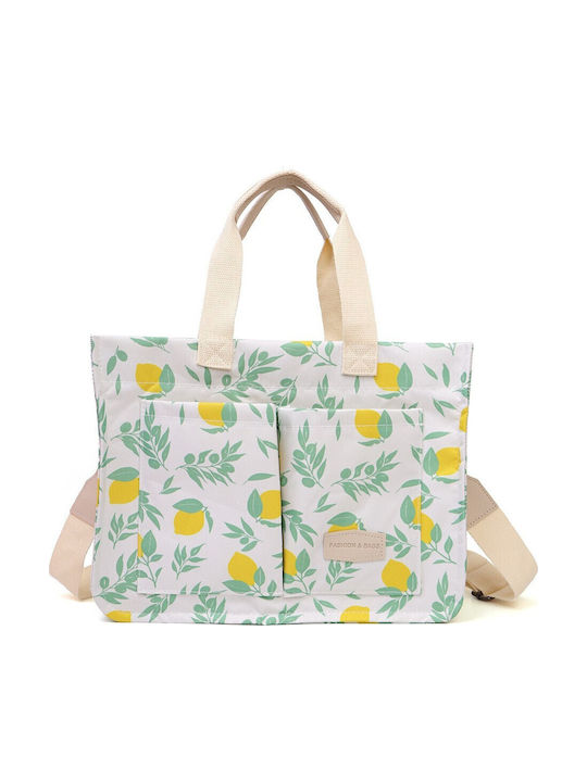 Hand Shoulder Bag Multifunctional Flippy Snap Closure Lemon Print Textile Material 33.5 X 25 X 14.5 Cm White Yellow