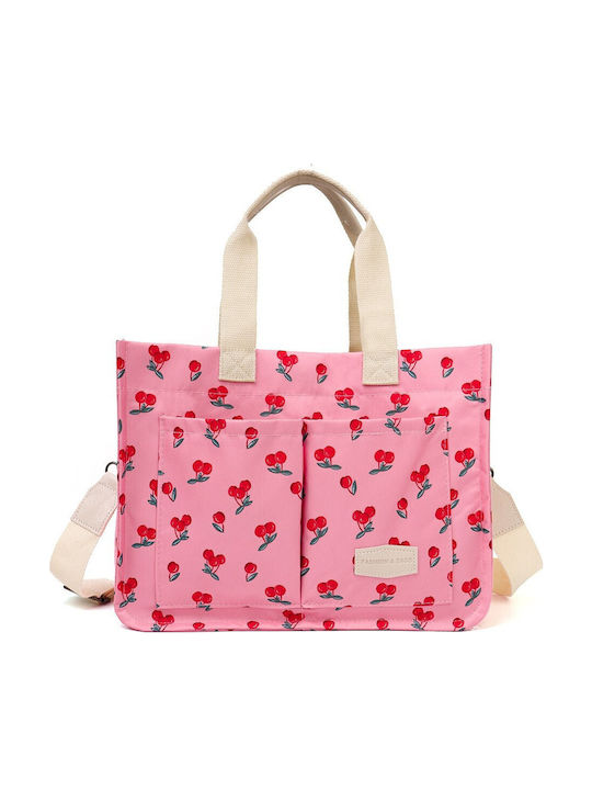 Hand Shoulder Bag Multifunctional Flippy Snap Closure Cherry Print Textile Material 33.5 X 25 X 14.5 Cm Pink