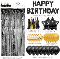 Set 47 Baloane 10 Franjuri 2 Baloane Stea Din Folie 6 Baloane Confetti Din Latex 6 Baloane Galbene Din Latex 8 Baloane Negre Din Latex 1 Perdea De Petrecere Din Folie Litere Happy Birthday Aurii Negre