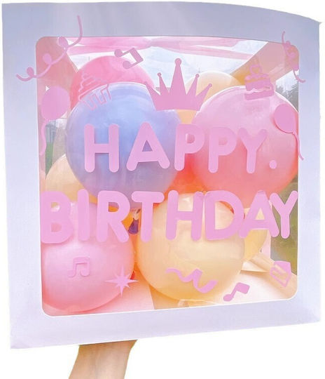 Cutie Balon Flippy Temă De Ziua De Naștere Design Script La Mulți Ani Balonase Albastre Roz Galbene Panglică Inclusă Contur Alb Transparent 30x30 Cm