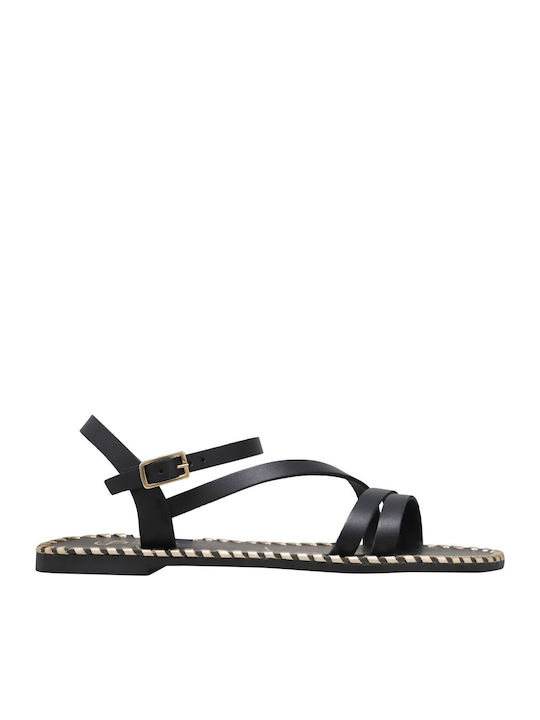 Leather Women's Flat Sandals in Black Color