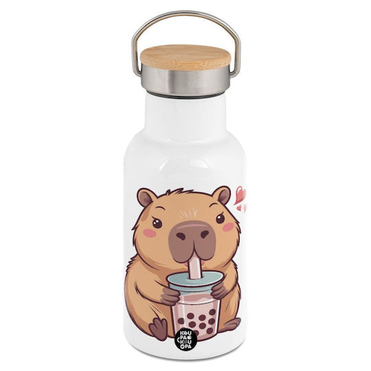 Koupakoupa Capybara Bubble Tea Bottle Thermos Stainless Steel 350ml White with Mouthpiece, Handle and Straw