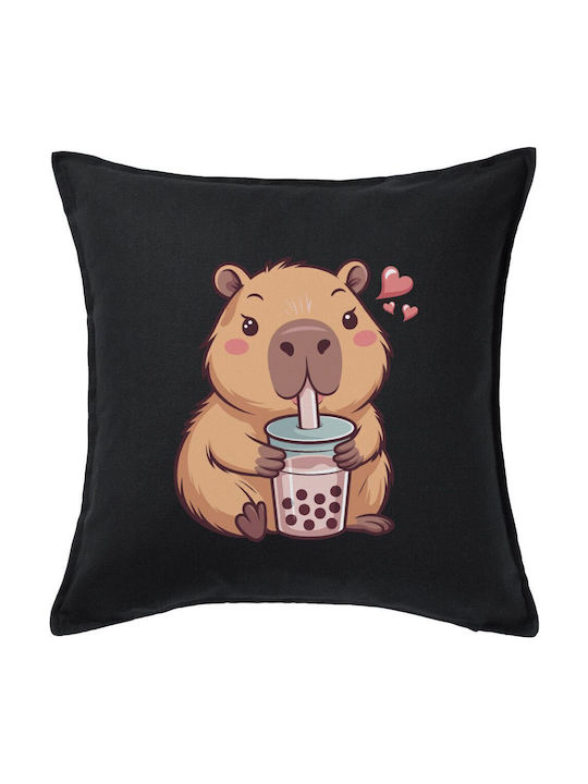 Capybara Bubble Tea Μαξιλάρι Καναπέ Μαύρο 100% Βαμβάκι Περιέχεται Γέμισμα 50x50cm