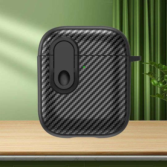 1 Carbon Fiber Texture Wireless Case Silicone / Plastic with Hook in Black color for Apple AirPods 1 / AirPods 2