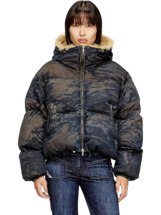 ジャケット・アウター DIESEL Women's Hooded puffer jacket in dirt-effect camo denim
