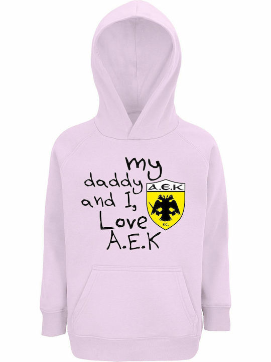 Παιδικό Φούτερ με Κουκούλα και Τσέπες Creamy Pink My Daddy and I, Love AEK