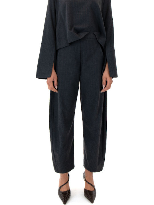 Damen Hoch tailliert Stoff Hose mit Gummizug Gestreift Grey-Brown