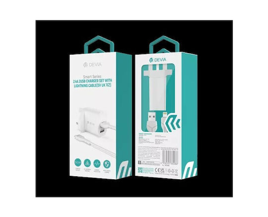 Devia Încărcător cu Cablu Integrat cu 2 Porturi USB-A Lightning Albς