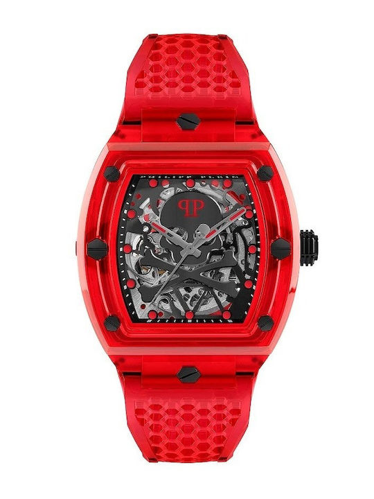 Philipp Plein Skeleton Ανδρικό Ρολόι Αυτόματο με Κόκκινο Καουτσούκ Λουράκι