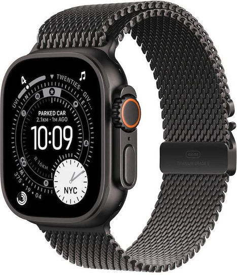 Apple Watch Ultra 3 Titanium 49mm Waterproof with eSIM and Heart Rate Monitor (Black Titanium Case with Black Titanium Milanese Loop - Medium)