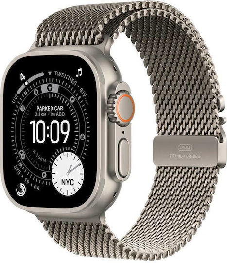 Apple Watch Ultra 3 Titanium 49mm Waterproof with eSIM and Heart Rate Monitor (Natural Titanium Case with Natural Titanium Milanese Loop - Large)