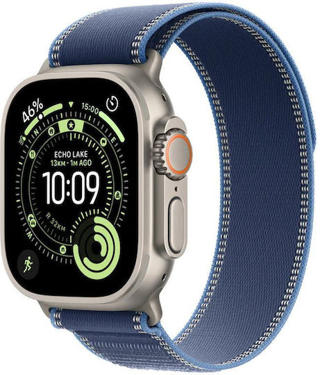 Apple Watch Ultra 3 Титан 49мм Водоустойчив с eSIM и Пулсомер (Natural Titanium Case with Blue/Bright Blue Trail Loop - M/L)