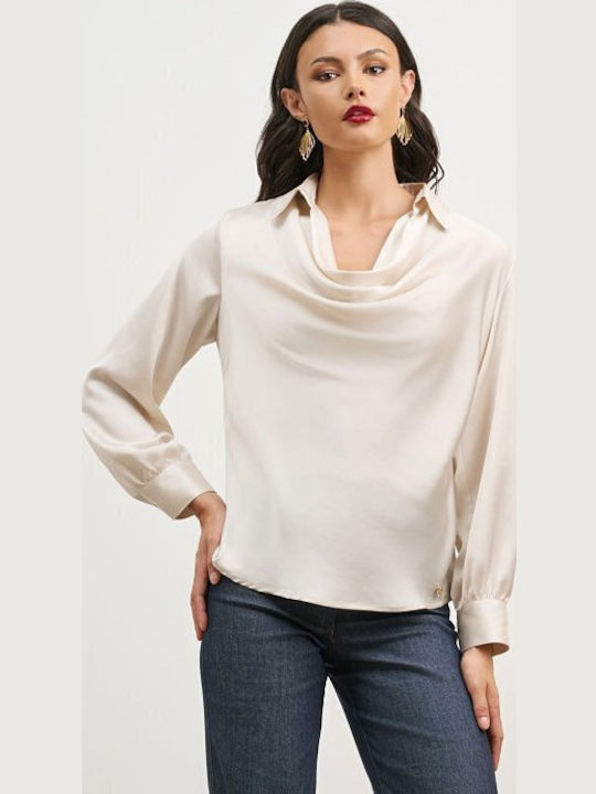 Women's Blouse Satin Long Sleeve Drape Beige